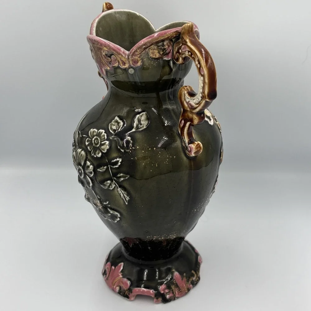 19th Century Eastern European Majolica Vase Raised Flowers 10